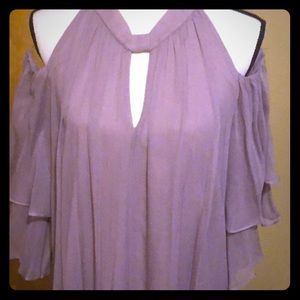 Drk lavender ruffle cold shoulder dress